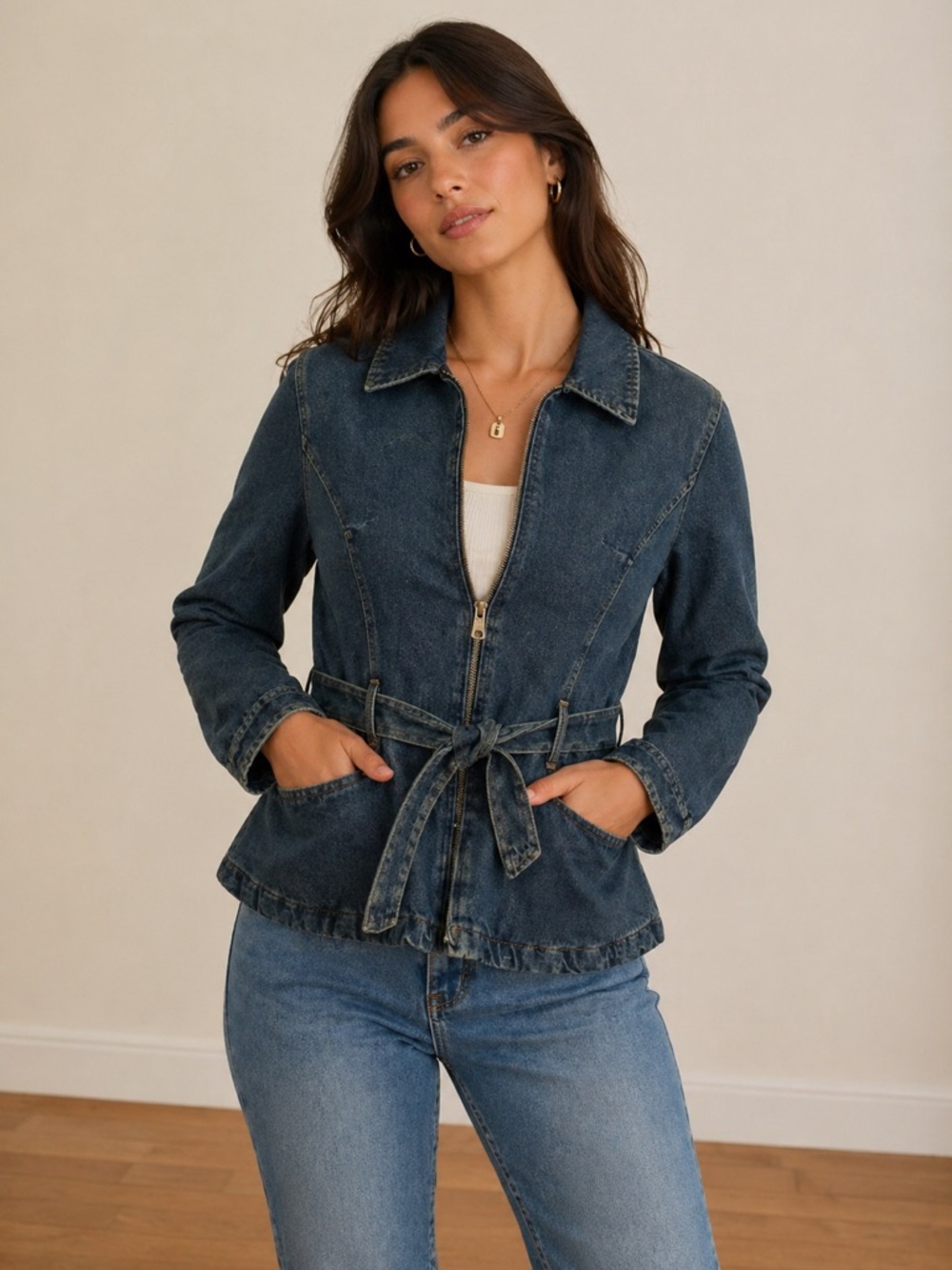 VTG Stylish Blue Heavy Denim Jacket Cinch Waist Tie pockets